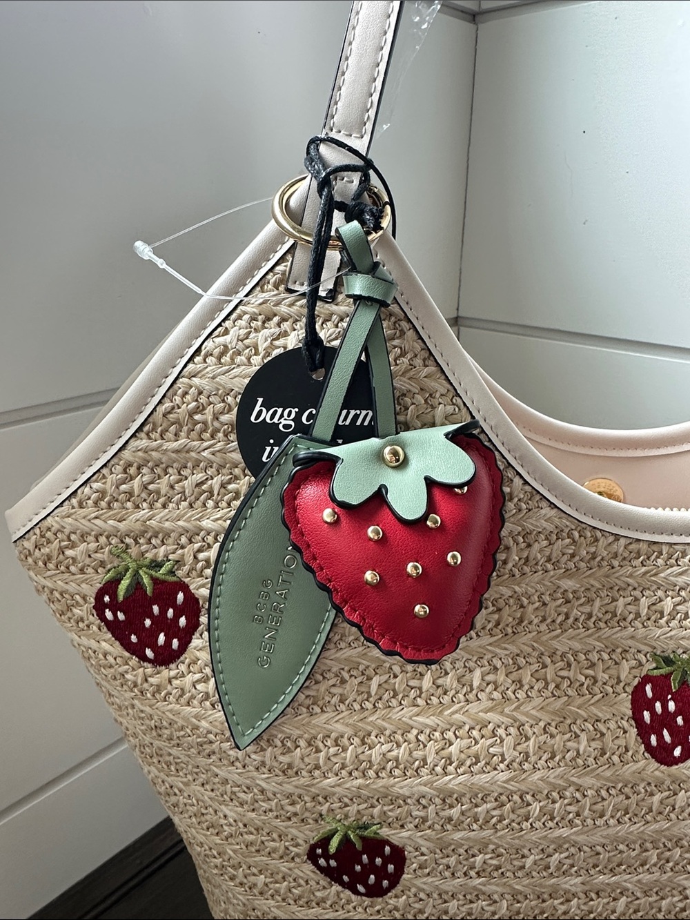 BCBGeneration Straw Tote with Red Strawberry Appliqués and Cream Trim - Picture 5 of 15